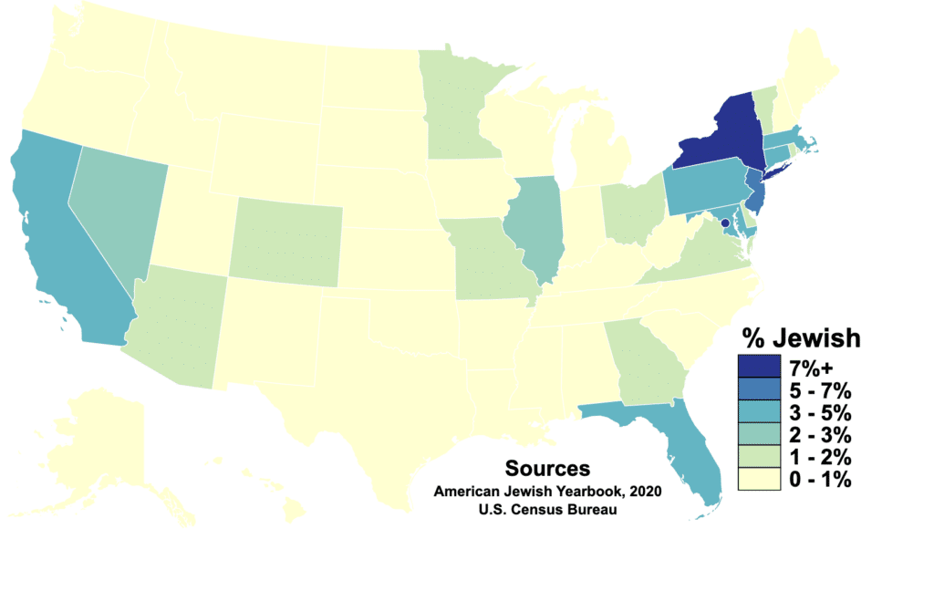 The map above shows the prevalence of American Jews in each state of the United States and in the District of Columbia. Data comes from the U.S. Census Bureau's 2020 Vintage Population Estimates (Wikimedia Commons)